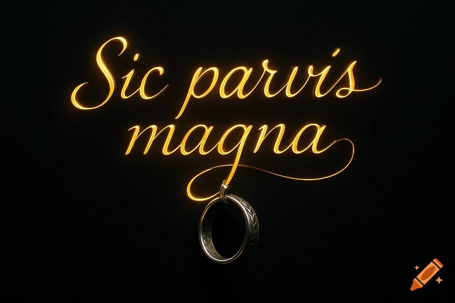 Glowing gold cursive text 'Sic parvis magna' on a black background, with a silver ring hanging from the 'g'.