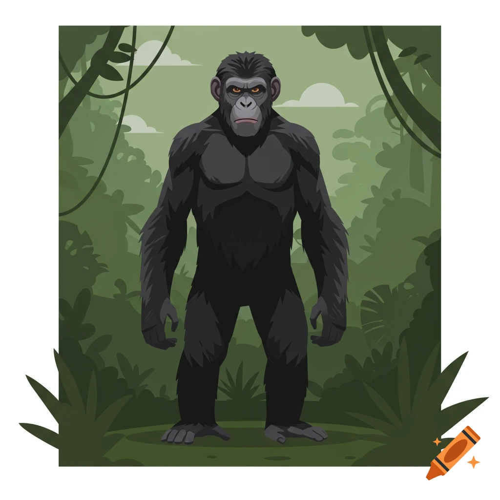 A muscular, dark grey ape stands upright in a dark green jungle, looking forward with an intense expression in a cartoon illustration.