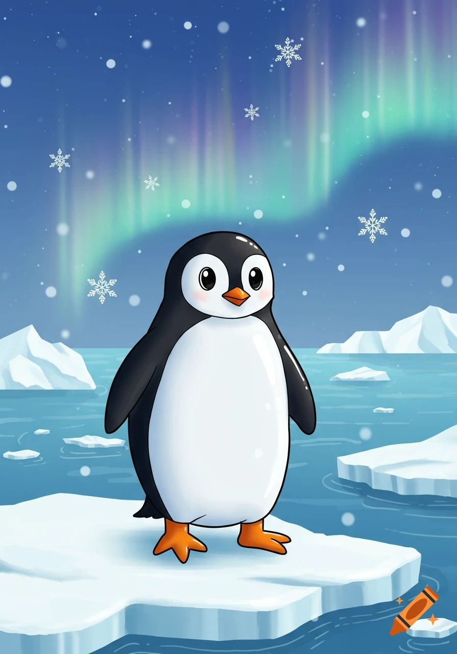 A cute cartoon penguin stands on an iceberg in the arctic, with snowflakes falling and a vibrant aurora borealis in the sky.