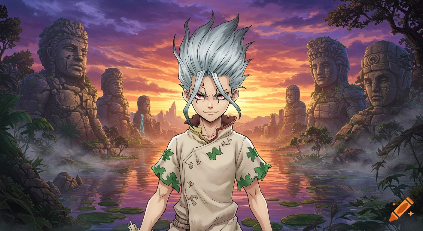 Anime boy with spiky white hair stands before giant stone statues and a lake at sunset.