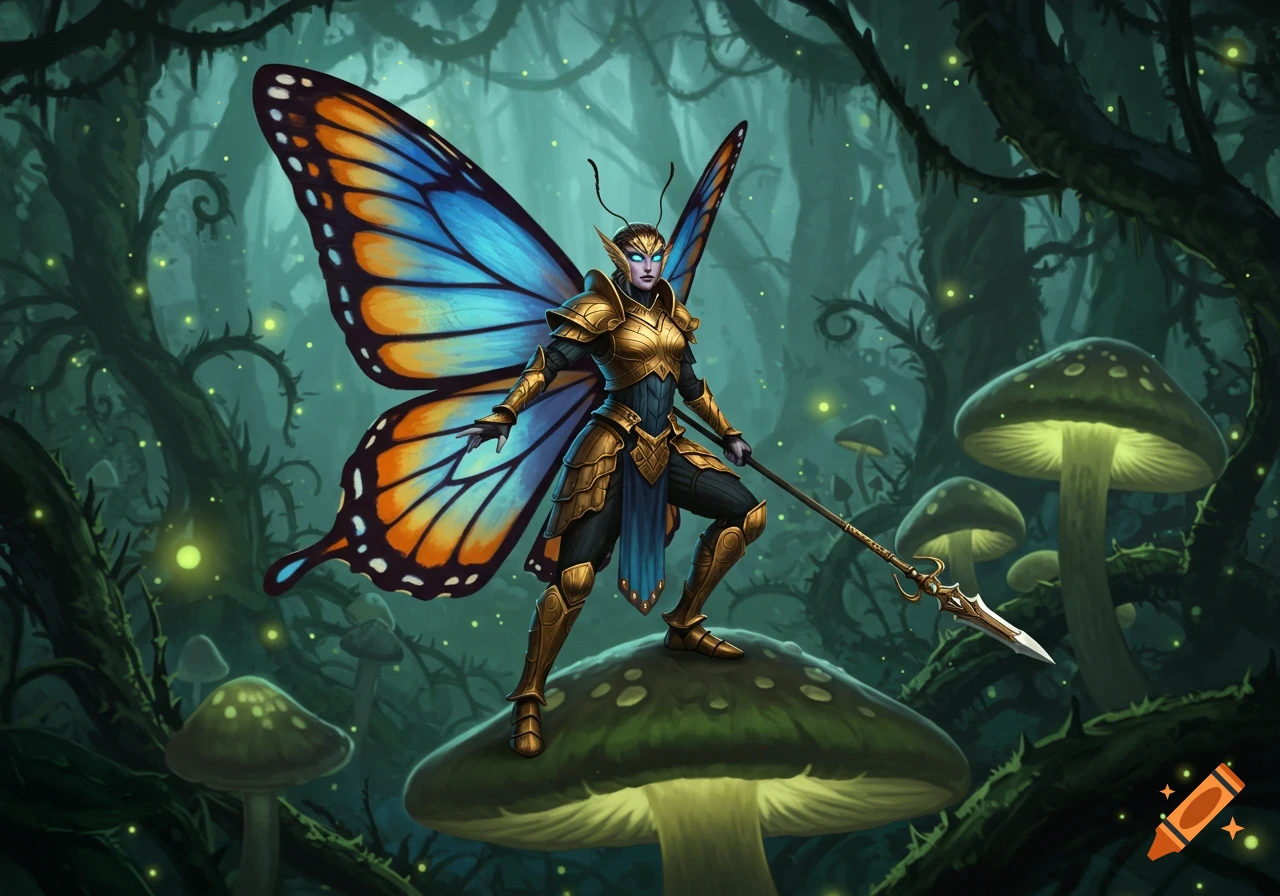 A fantasy butterfly warrior with colorful wings and golden armor stands on a glowing mushroom in an enchanted forest.