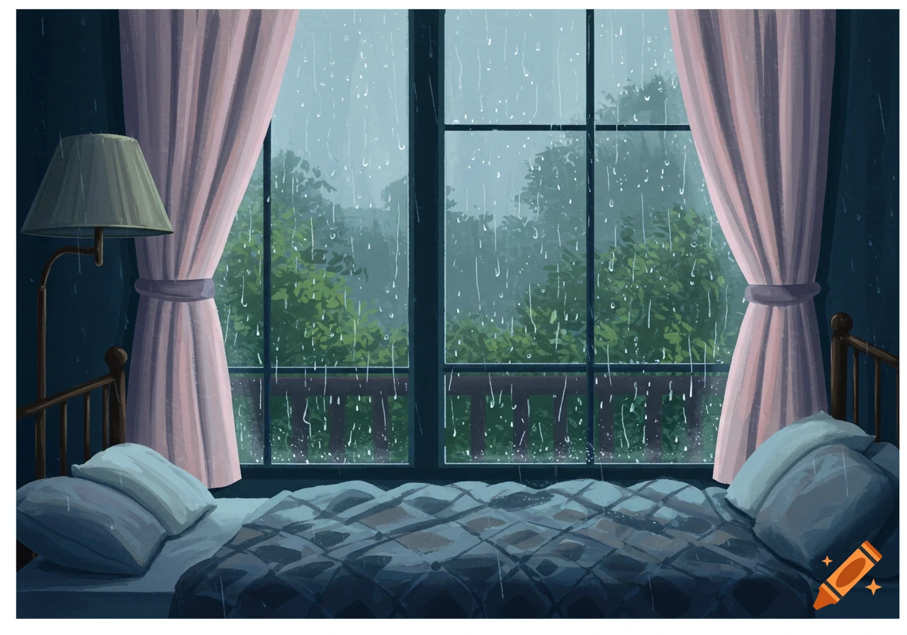 An illustration of a cozy bedroom with pink curtains, a bed, and a lamp, looking out a window at heavy rain falling on green trees.