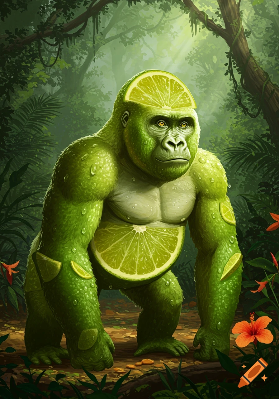 A vibrant green gorilla, with lime slices integrated into its head and torso, stands in a lush, detailed jungle setting.
