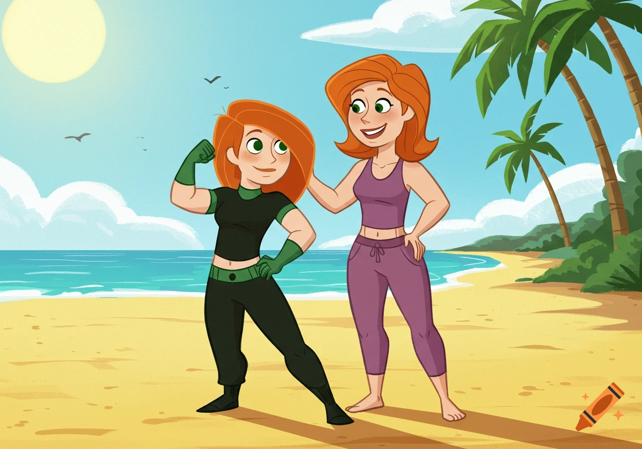 Cartoon of Kim Possible flexing her bicep on a sunny beach, standing next to her mom.