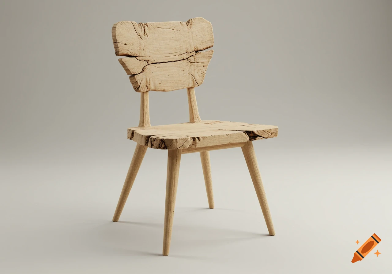 A minimalist wooden chair with a raw, cracked wood backrest and seat, on a neutral background.