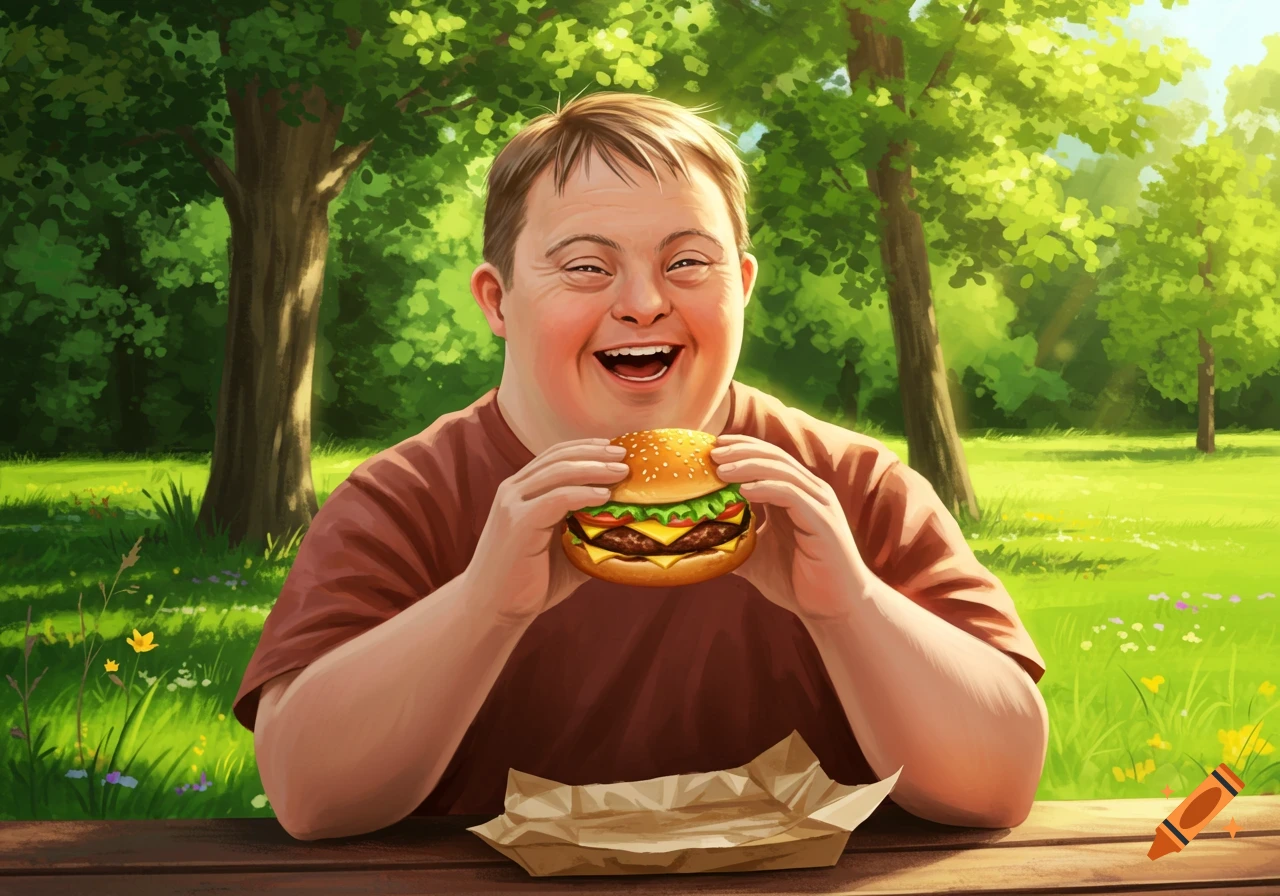 An illustrated man with Down syndrome happily holds a burger at a wooden table in a sunny park.