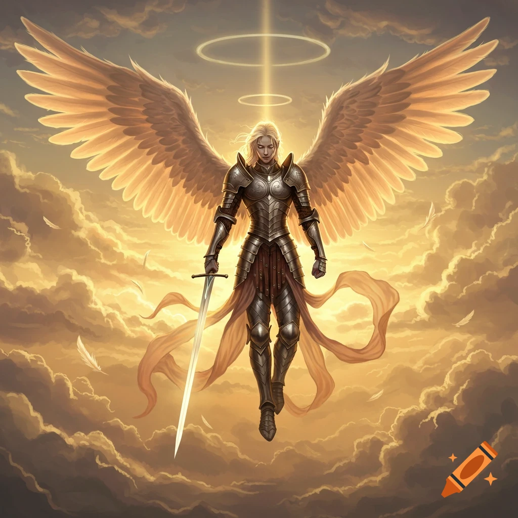 A majestic armored angel with large wings and a glowing halo flies among golden clouds, holding a sword.