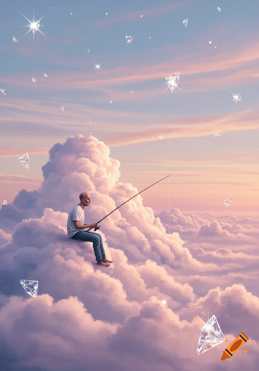 A bald man sits on a pink and blue cloud, fishing for sparkling diamonds floating in the sky, surreal art style.