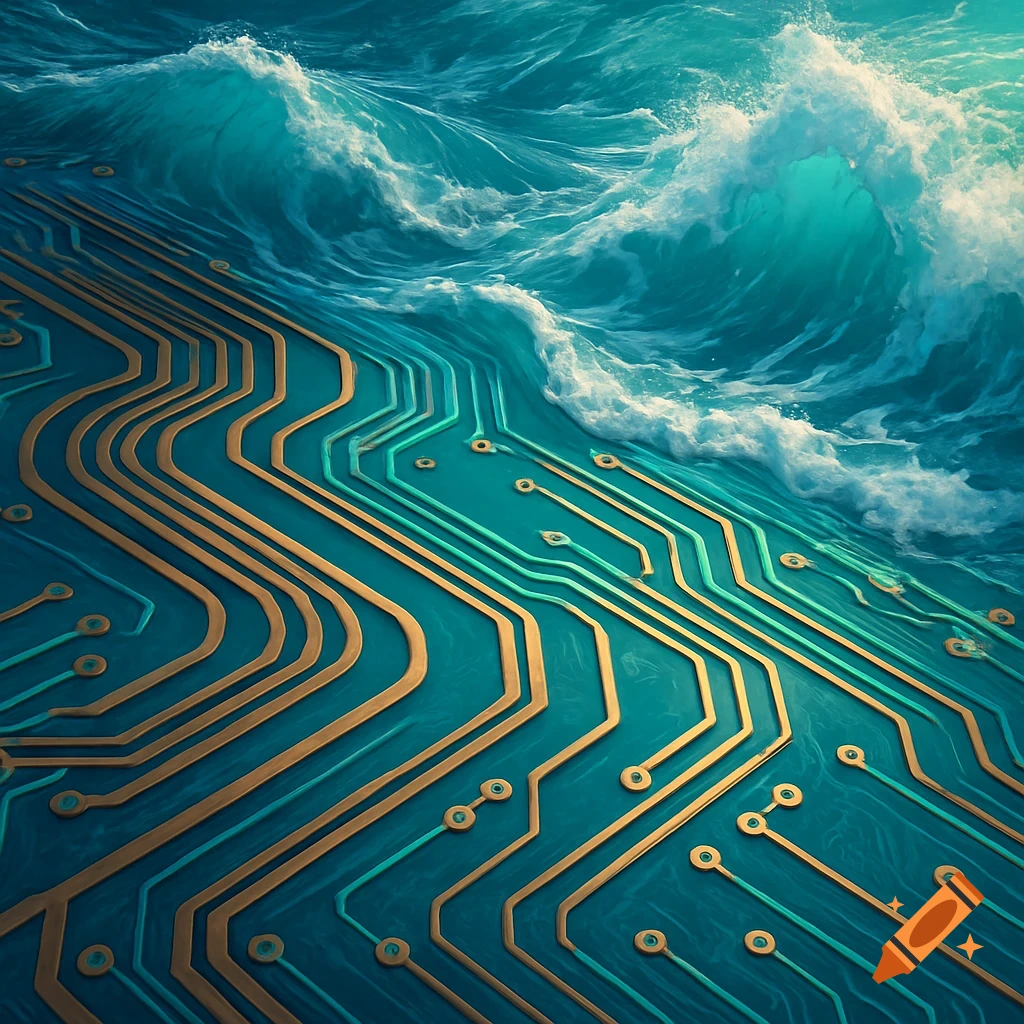 A vibrant teal circuit board with golden traces merges into a turbulent blue ocean with crashing white waves.