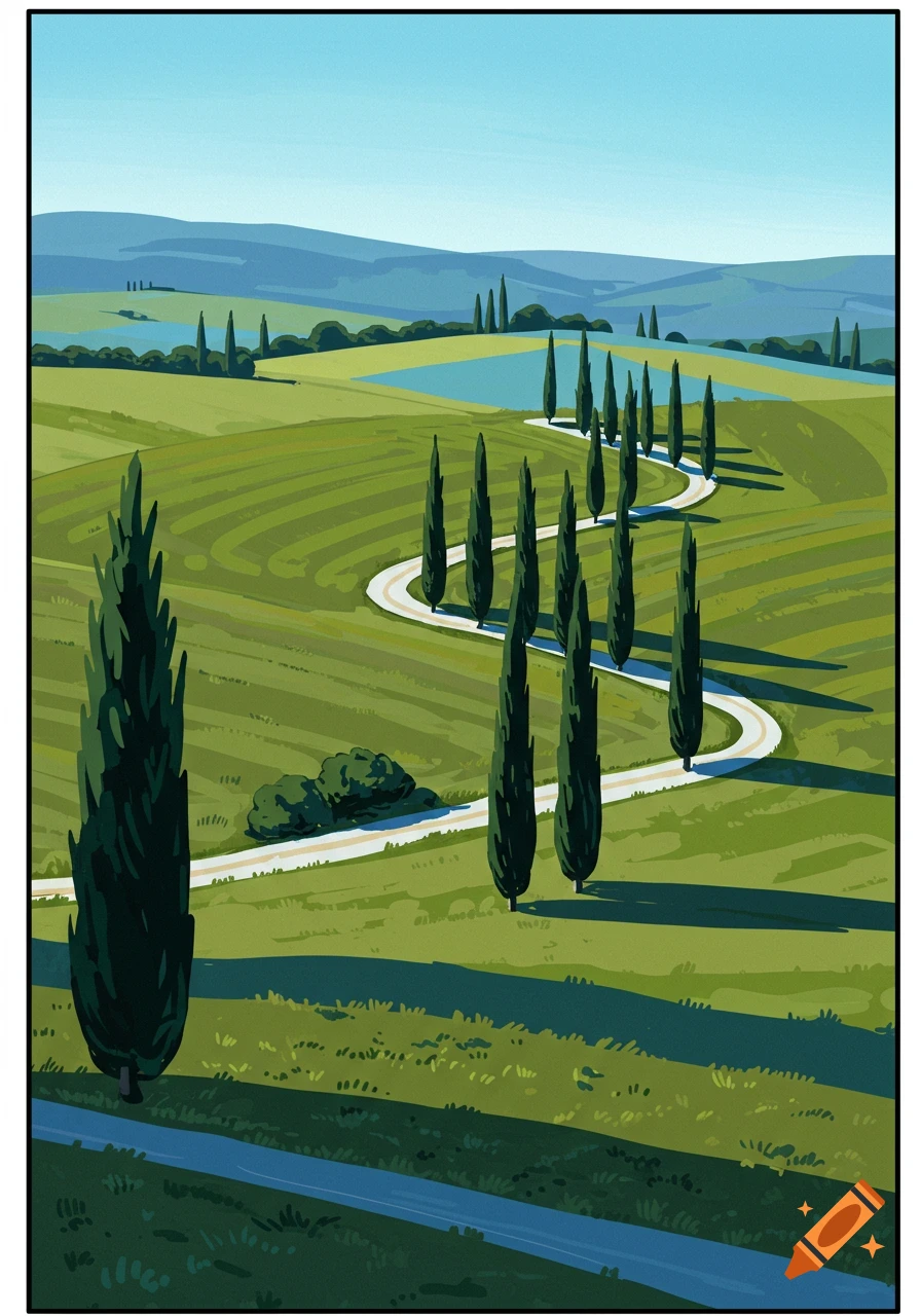 A stylized drawing of a green hilly landscape with a winding road lined by tall cypress trees under a clear blue sky.