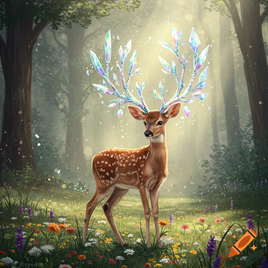 A beautiful fawn with sparkling, iridescent crystal antlers stands in a sun-dappled forest clearing filled with colorful wildflowers, fantasy art.