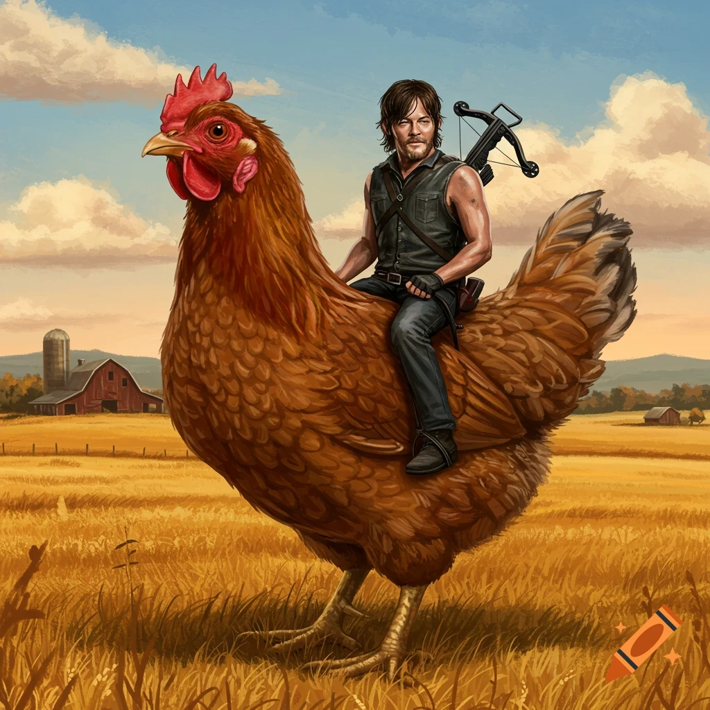 Daryl Dixon rides a giant brown chicken through a golden field with a barn in the background, in a detailed painterly illustration.