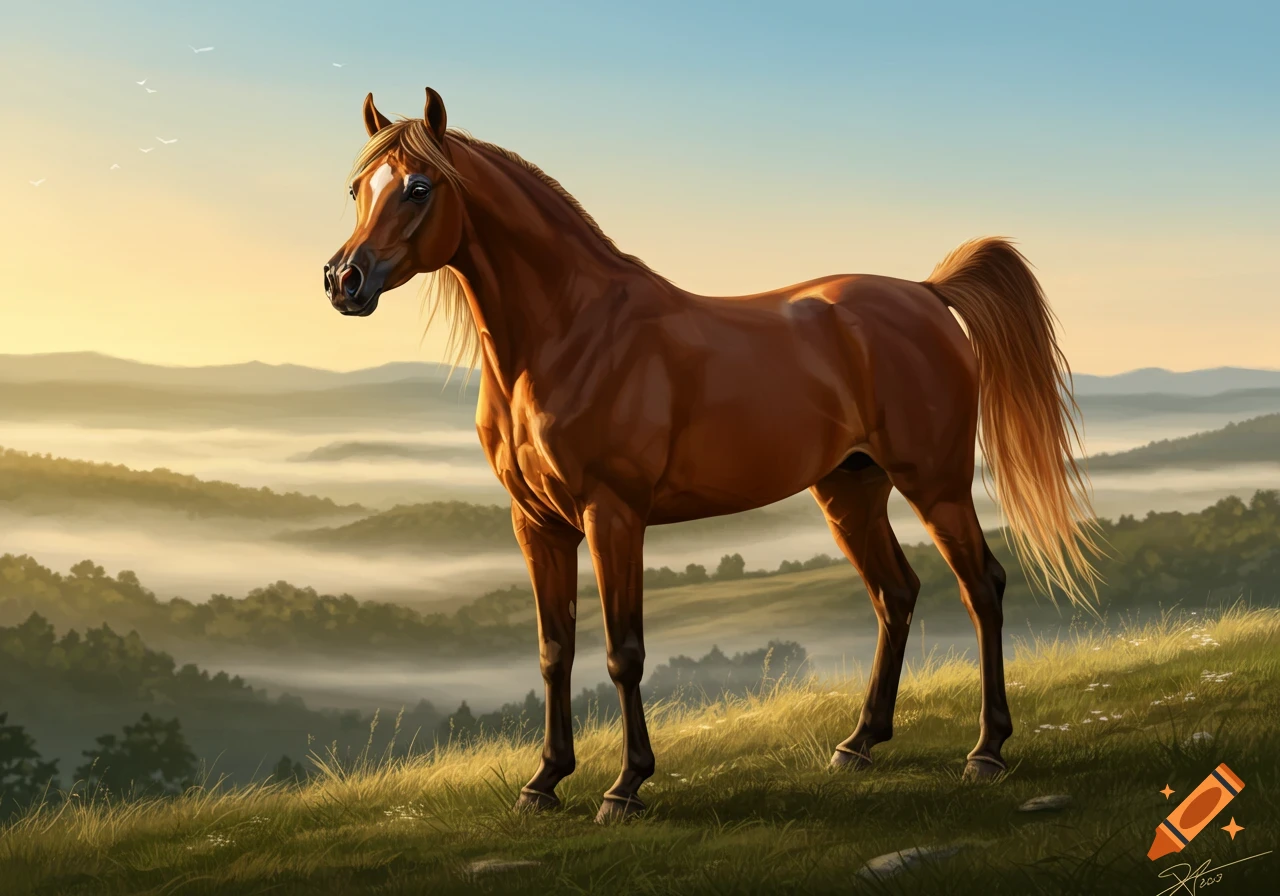 A majestic brown horse stands on a grassy hill overlooking misty mountains at sunrise, photorealistic style.