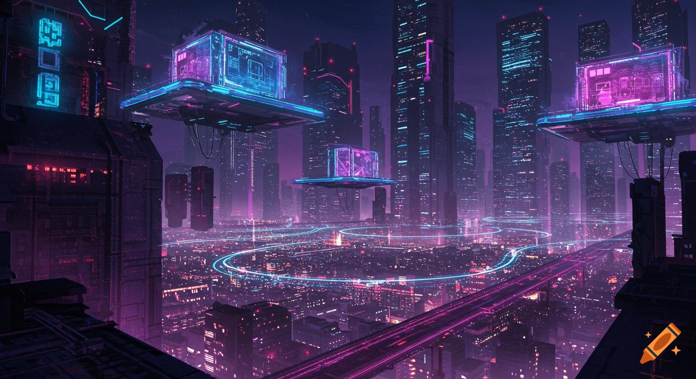 A vibrant, neon-lit cyberpunk cityscape at night with towering buildings, glowing data streams, and floating platforms.