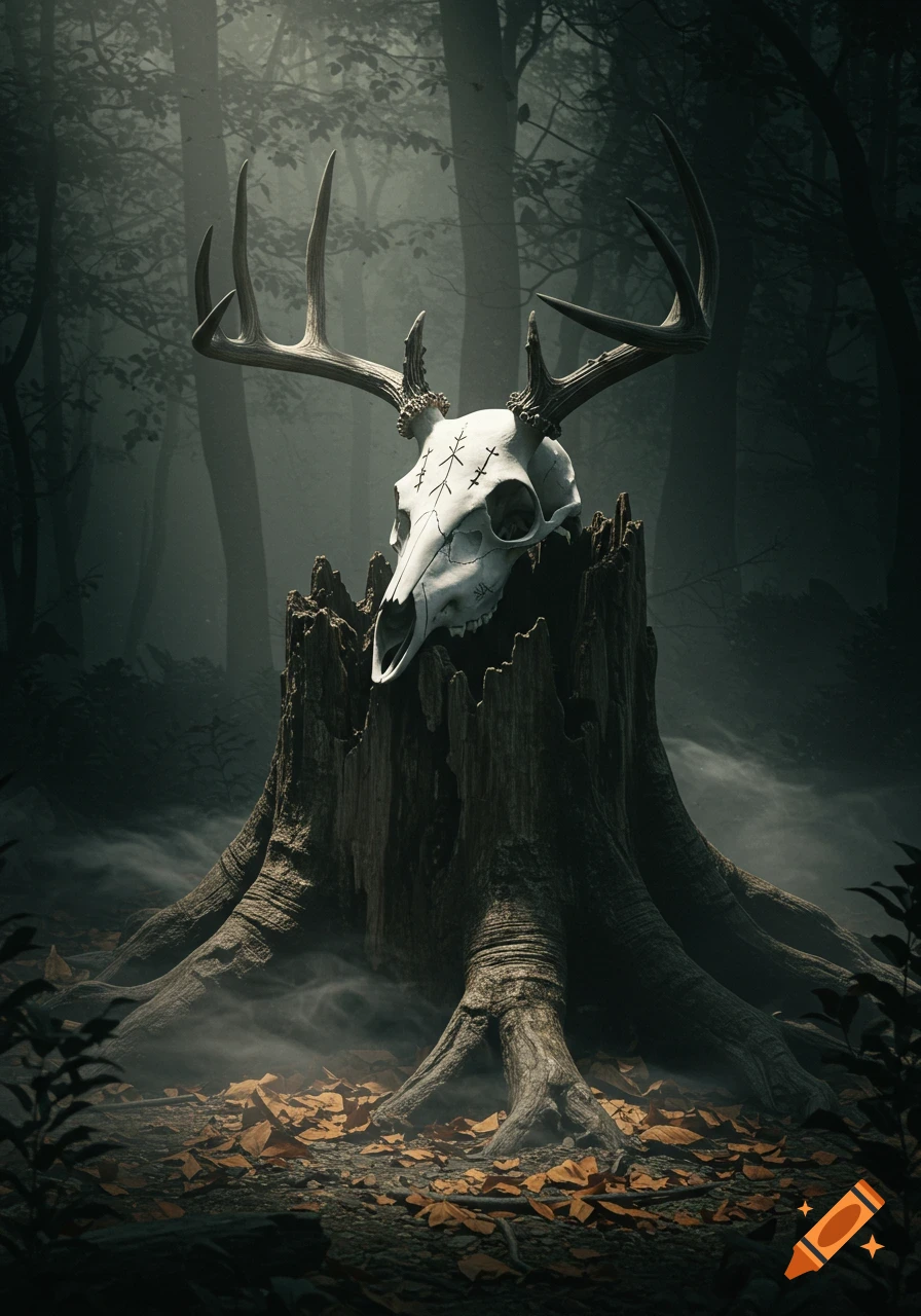 A deer skull with large antlers and tribal markings rests on a weathered tree stump in a misty, dark forest.