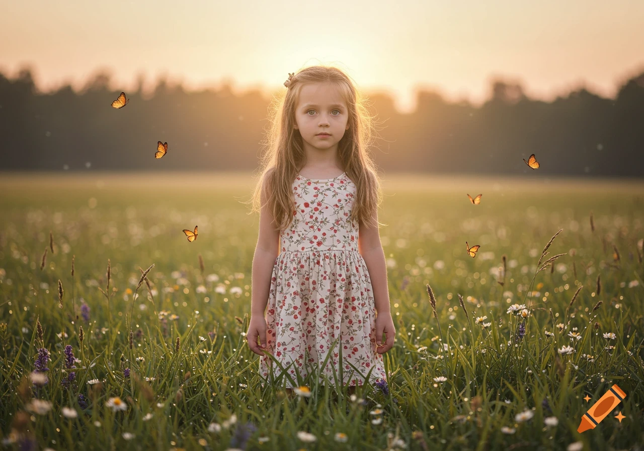 Young girl stands in a sunlit field with wildflowers and butterflies ...