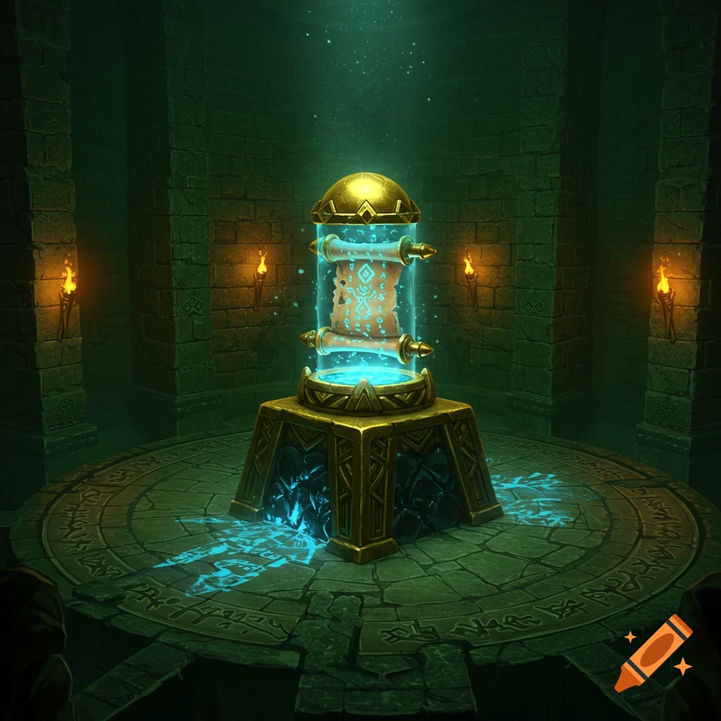 A glowing golden capsule encases an ancient scroll on a pedestal in a dark, stone dungeon, emanating blue light and mystical symbols.