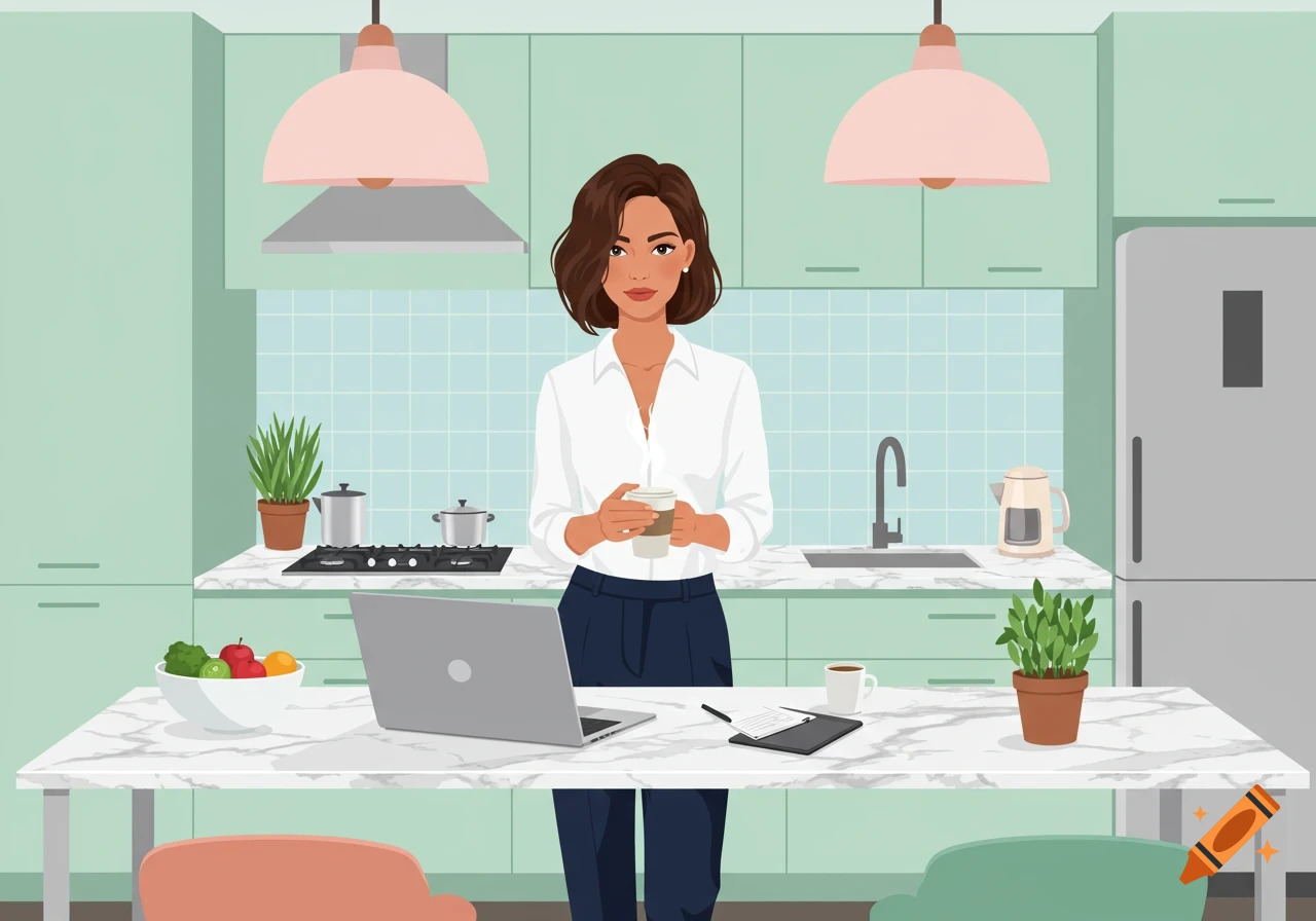 Flat design illustration of a professional woman holding coffee in a modern kitchen with a laptop on the counter.