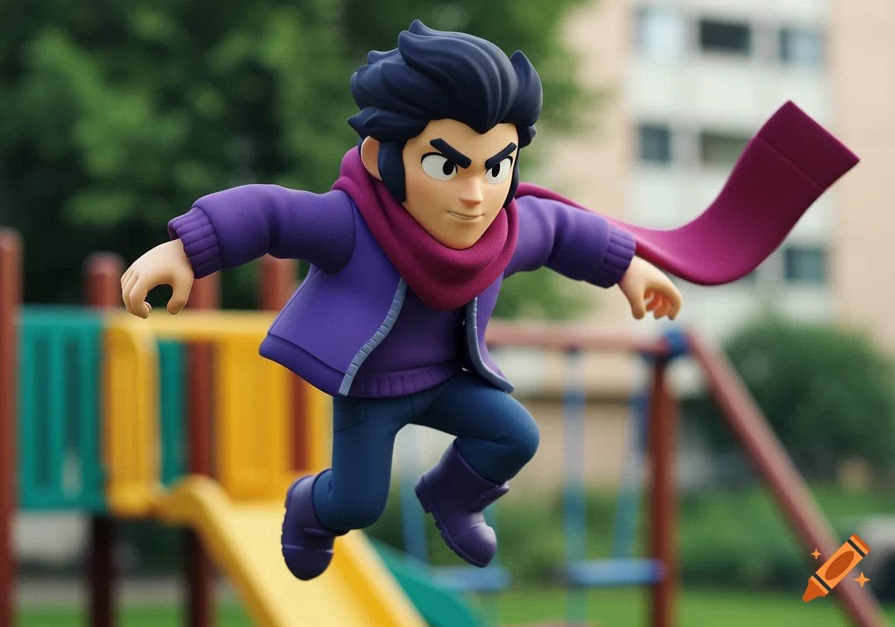 A 3D render of Edgar from Brawl Stars, a cartoon character in a purple jacket and scarf, jumping in a blurred playground.