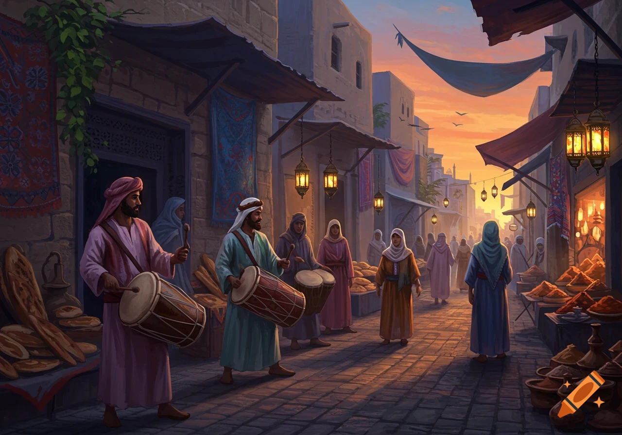 A vibrant marketplace in a Middle Eastern town at sunset with drummers and people browsing goods, rendered in a painterly style.