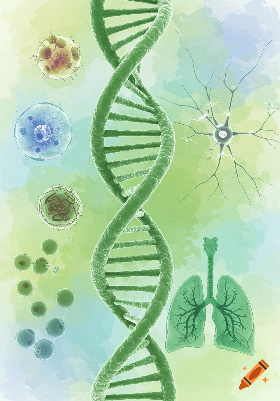 Scientific illustration of a green DNA helix surrounded by various cells, a neuron, and lungs on a watercolor background.