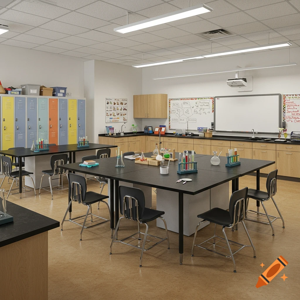 A brightly lit 5th grade science classroom with black tables, colorful lockers, a whiteboard, and lab equipment.