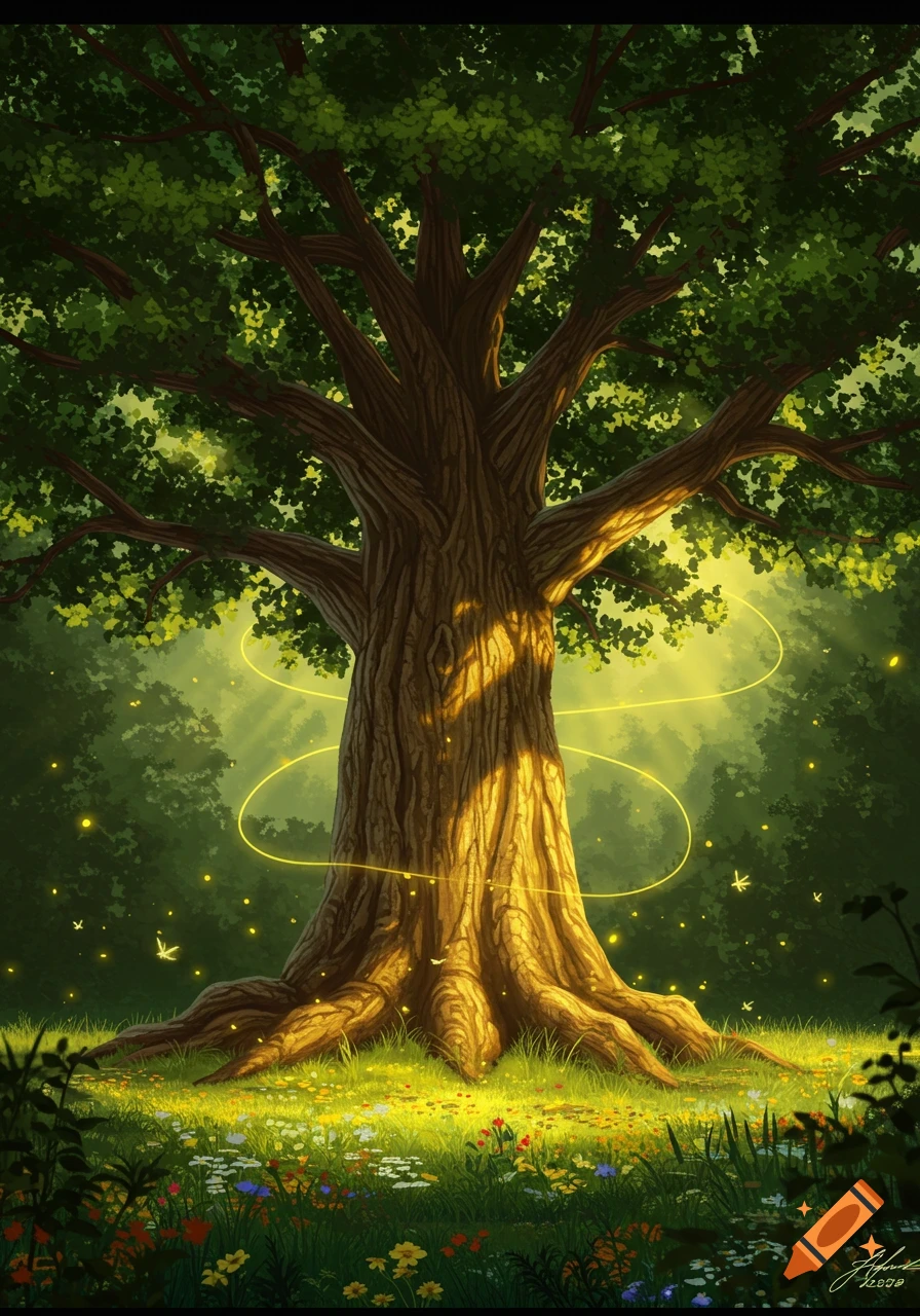 A majestic, old tree in a magical forest, illuminated by golden light and glowing rings, with fireflies and wildflowers.