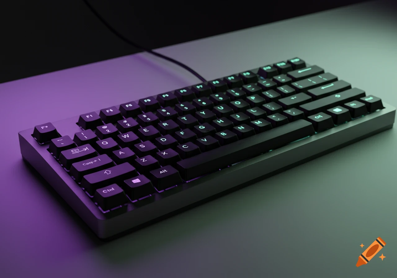 A dark mechanical keyboard with glowing green and purple backlighting sits on a desk.