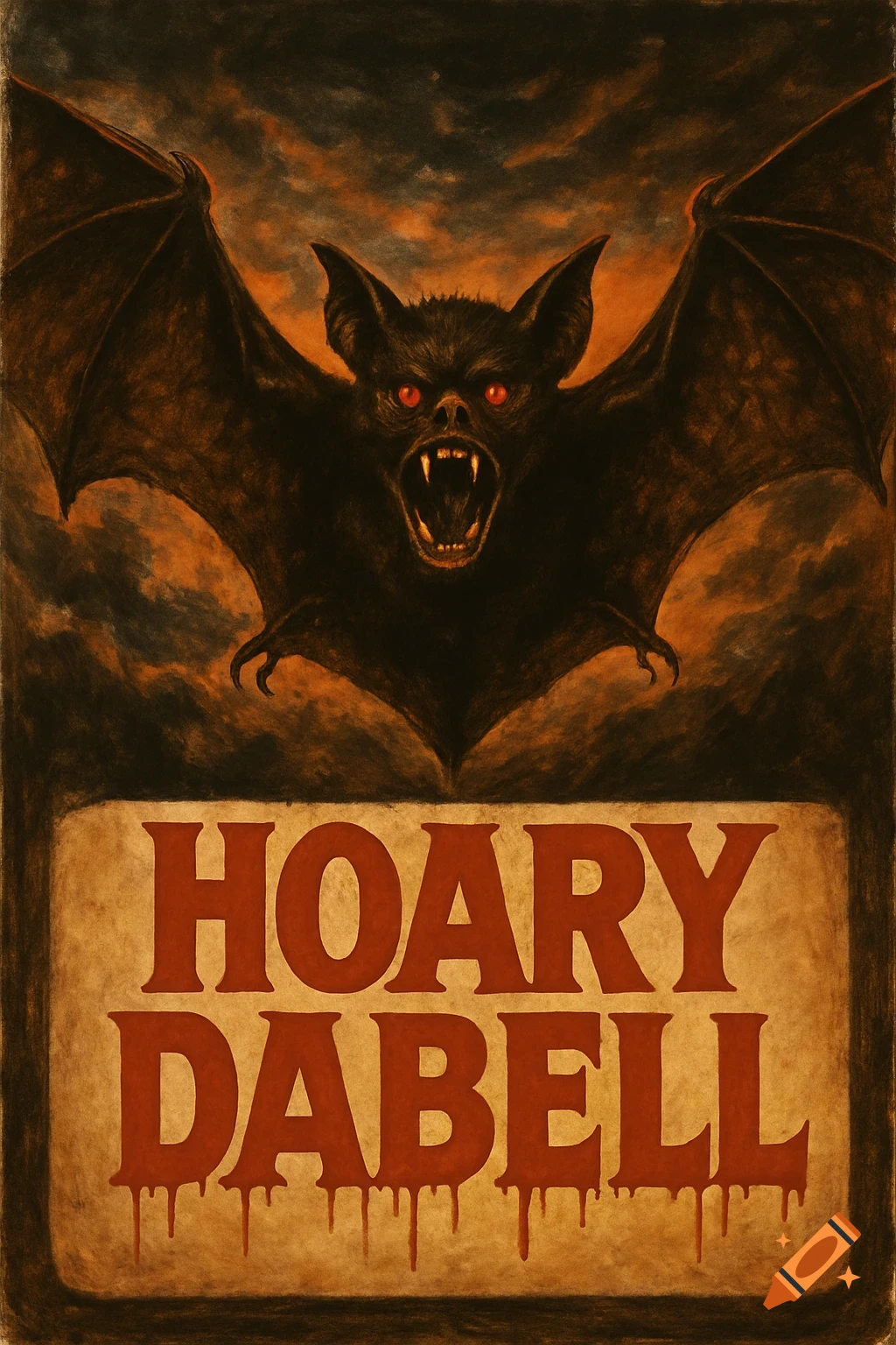 Vintage 1970s horror movie poster with a menacing bat with red eyes and fangs, above a banner displaying 'HOARY DABELL' in dripping red text.