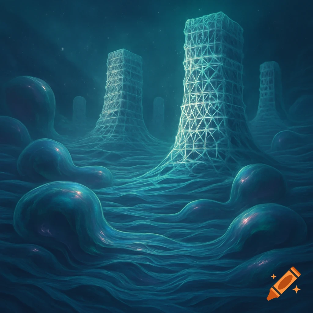A dark blue, alien landscape with glowing, intricate web towers and large fluid blobs on a rippling surface, in a sci-fi fantasy style.