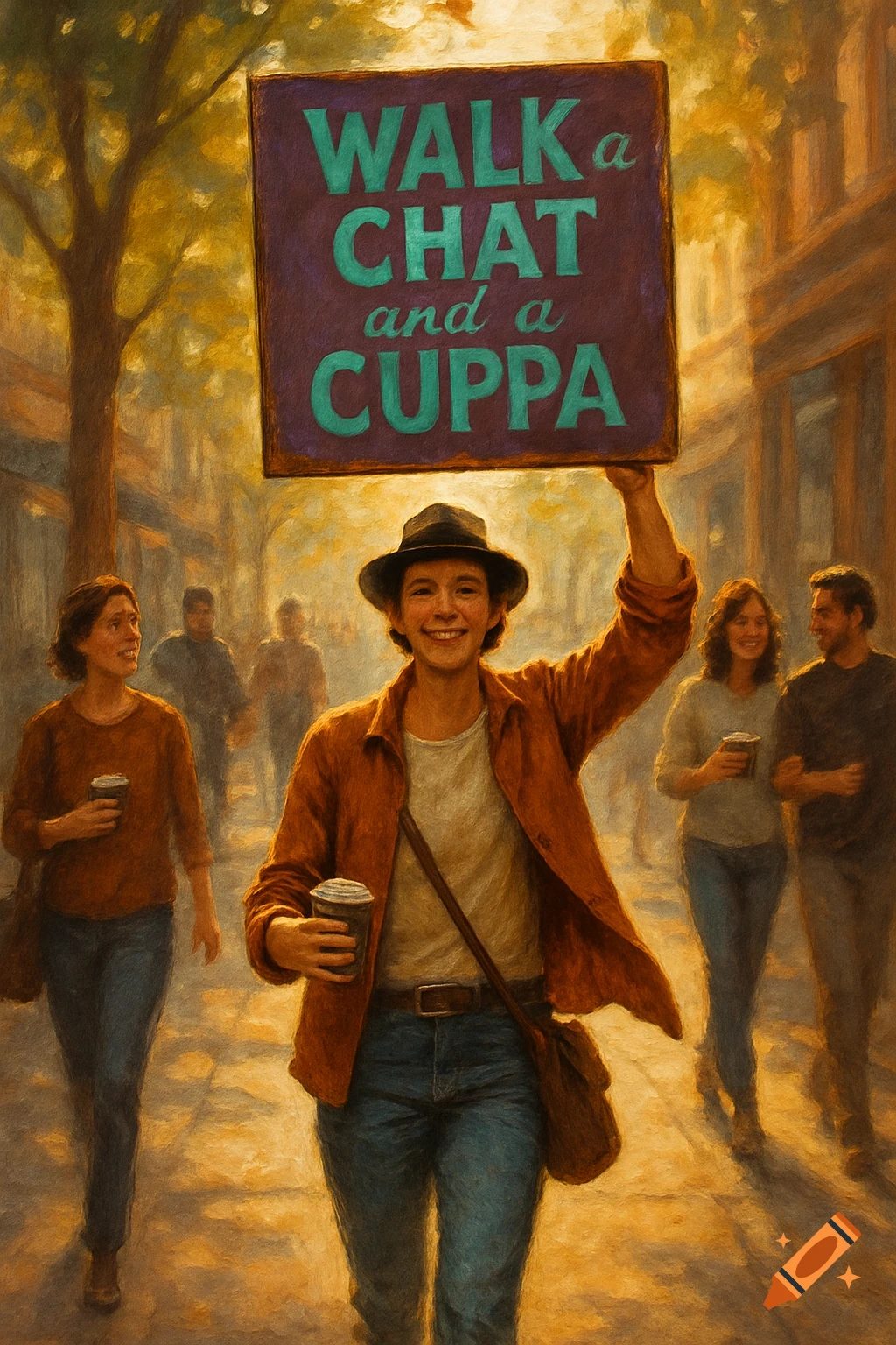 A smiling person walks down a sunny street, holding a sign reading "WALK a CHAT and a CUPPA" and a coffee cup, painterly style.