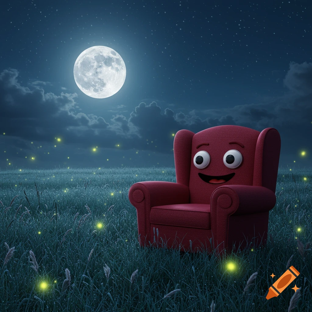 A red cartoon chair with a face sits in a grassy field at night under a full moon, with glowing fireflies.