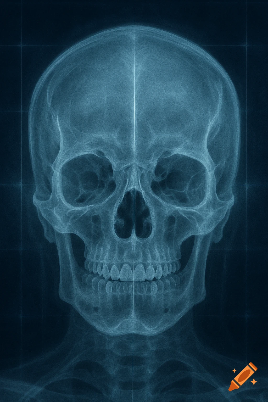 A blue-toned X-ray of a human skull and upper spine on a dark background, showing intricate bone structure.