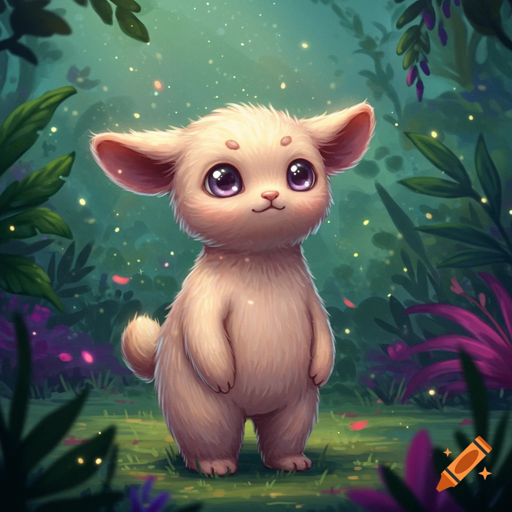 A cute, fluffy, beige fantasy creature with big ears and sparkling purple eyes stands in a magical glowing forest. Digital art.