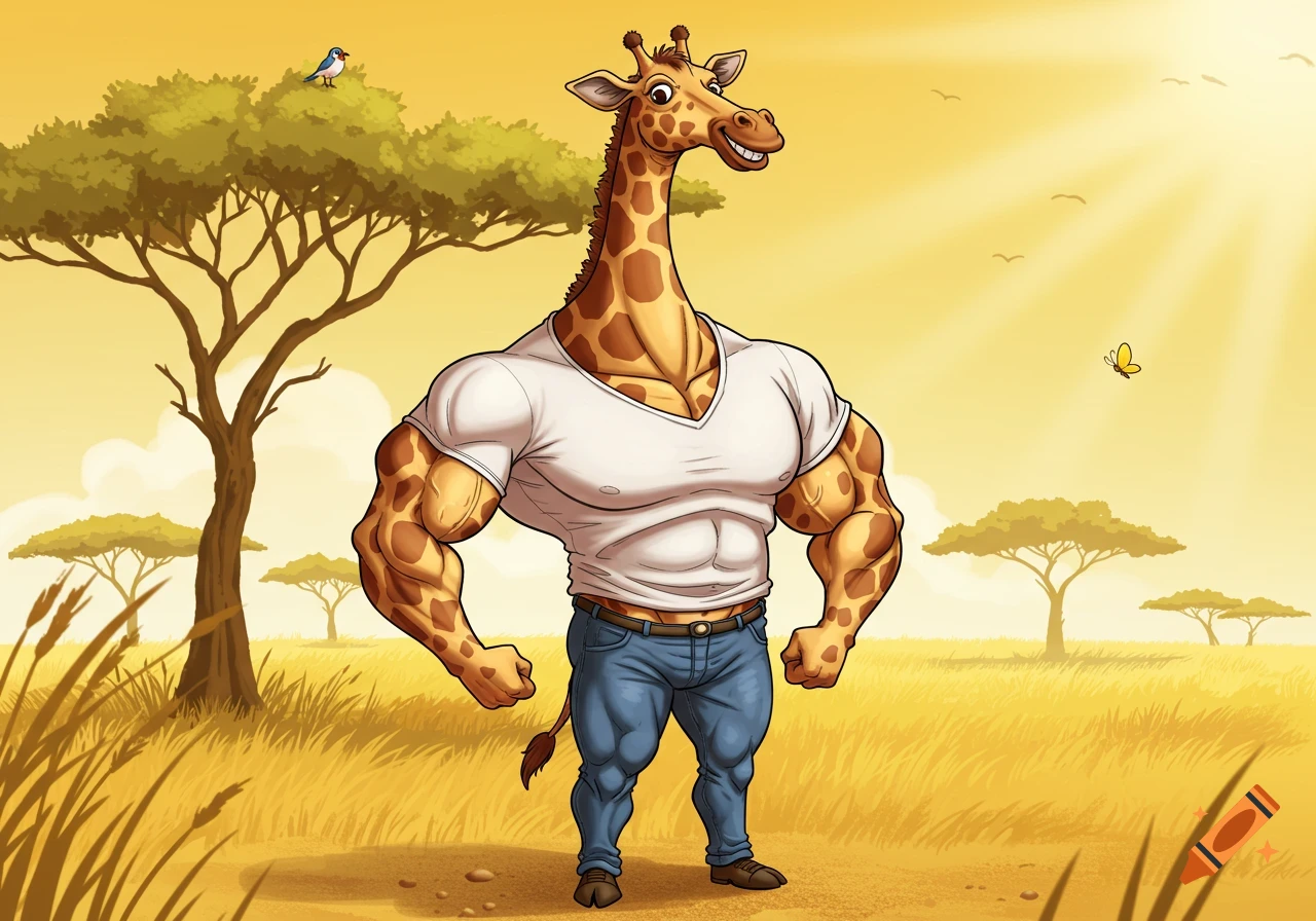 Muscular cartoon giraffe in a white t-shirt and blue jeans stands in a sunny savanna, smiling confidently.
