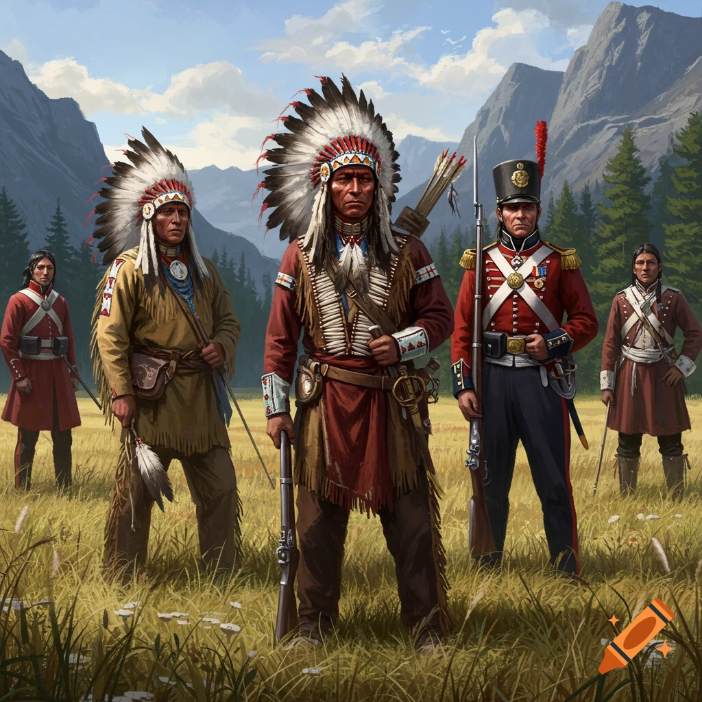Three Native American warriors with feathered headdresses and two British soldiers in red coats stand in a grassy field with mountains.
