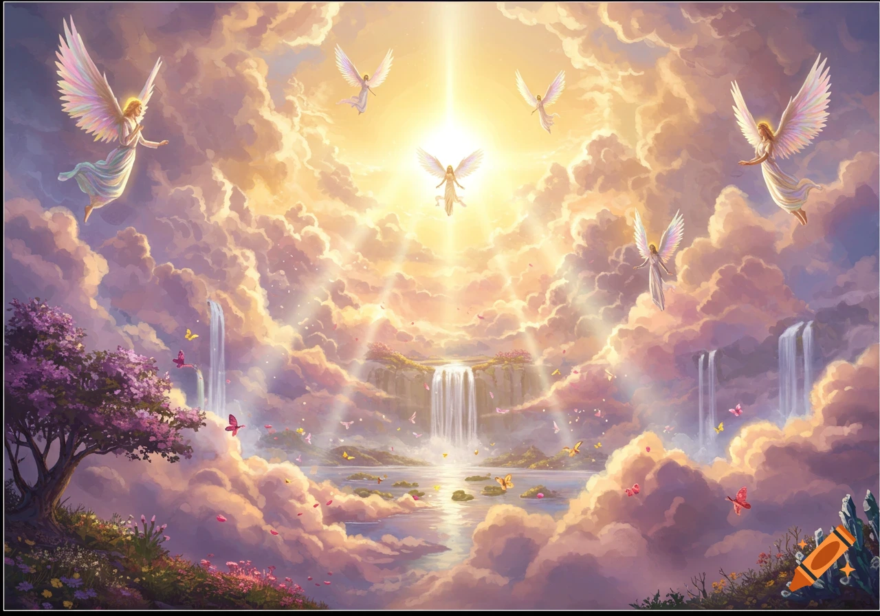 A serene heavenly landscape with angels flying among glowing clouds, waterfalls, and blooming flora, in a vibrant fantasy art style.