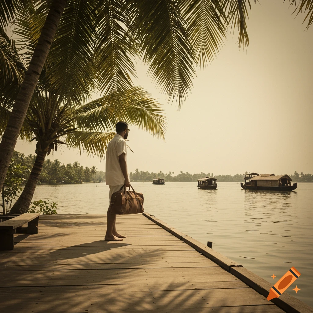 A man holding a duffel bag stands on a wooden pier, looking out at a tropical river with houseboats and palm trees under a vintage sky.