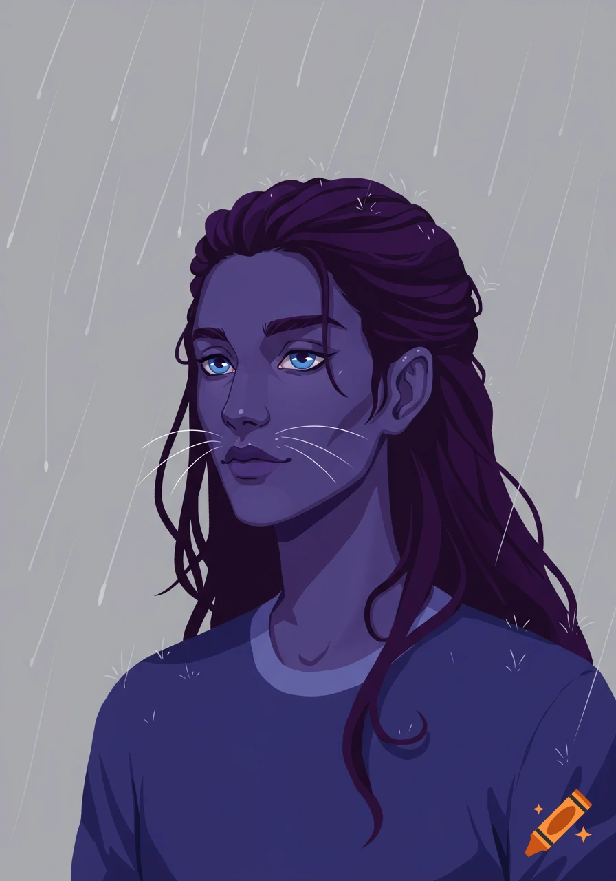An illustration of a person with purple skin, long purple hair, blue eyes, and white whiskers, looking to the side under falling rain.