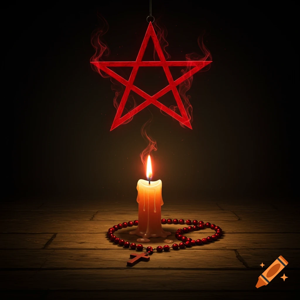 A glowing red pentagram hangs above a burning candle on a dark wooden table, with red rosary beads and a cross.