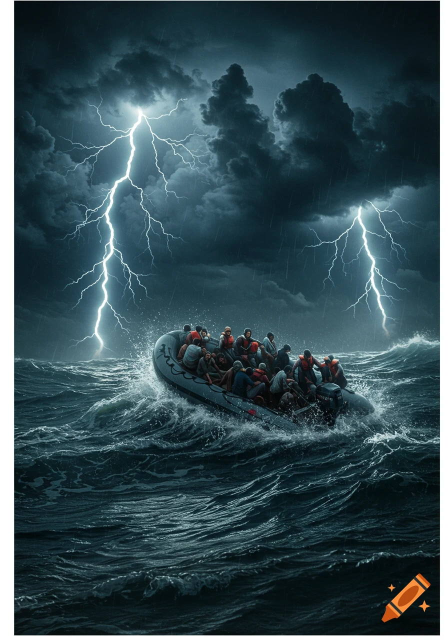 A crowded inflatable boat in a dark, stormy sea with huge waves and lightning strikes. The people look terrified.