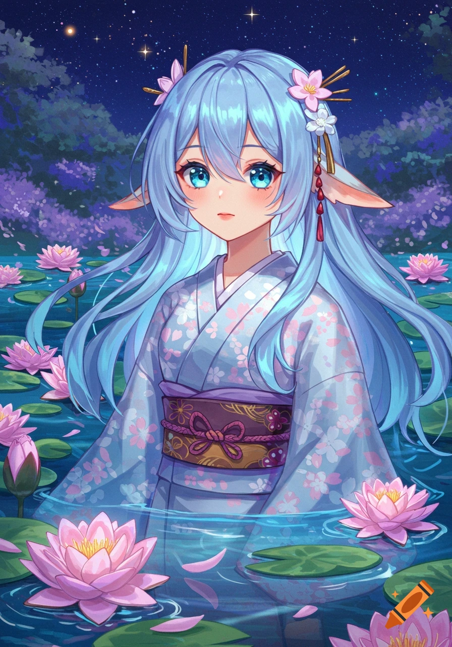 Anime woman with blue hair, pointy ears, and kimono standing in a pond with pink water lilies under a starry night sky.