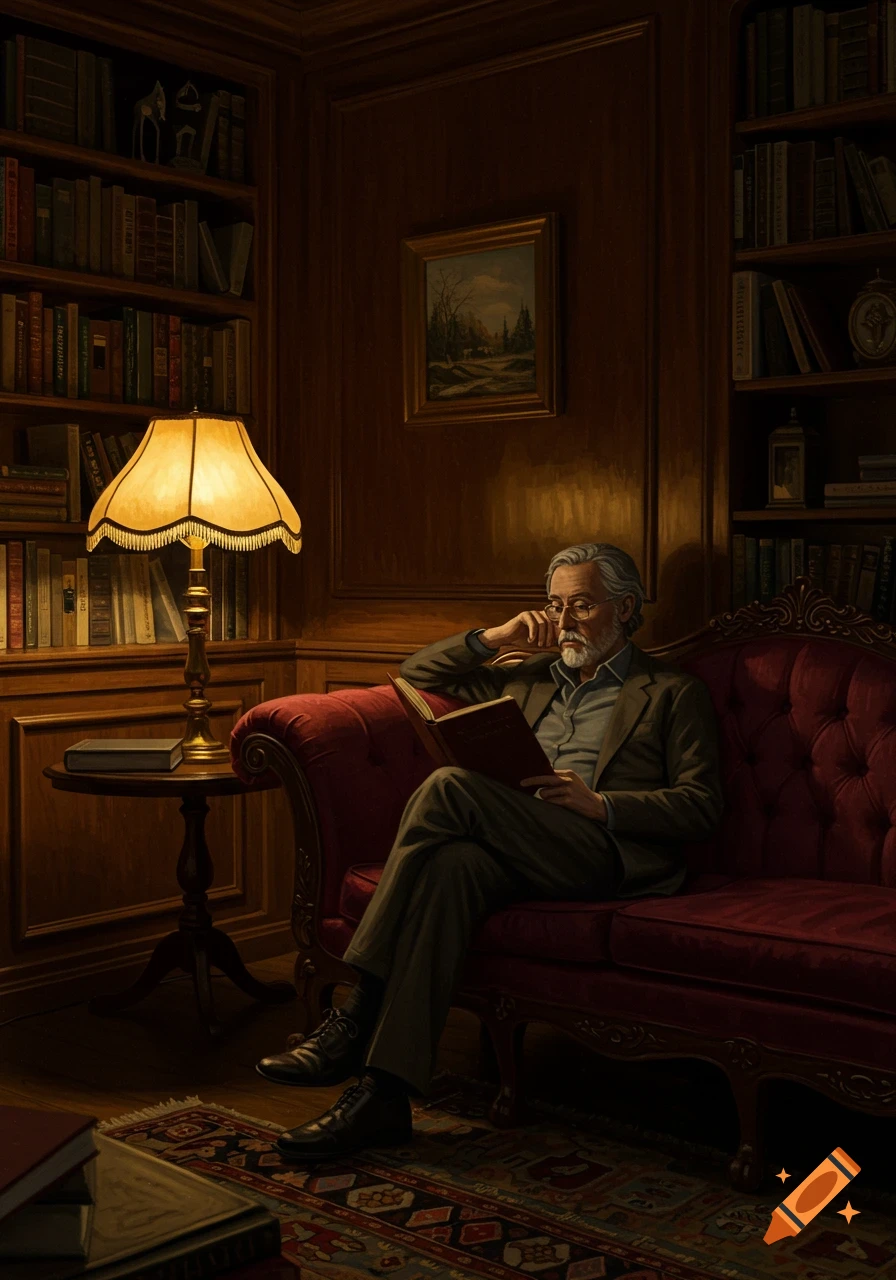 A man with a beard and glasses sits on a red velvet couch in a dim, wood-paneled library, reading a book under the warm glow of a lamp.