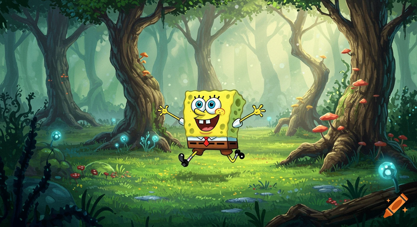 Spongebob Squarepants happily skips through a vibrant, mystical forest with glowing blue mushrooms.