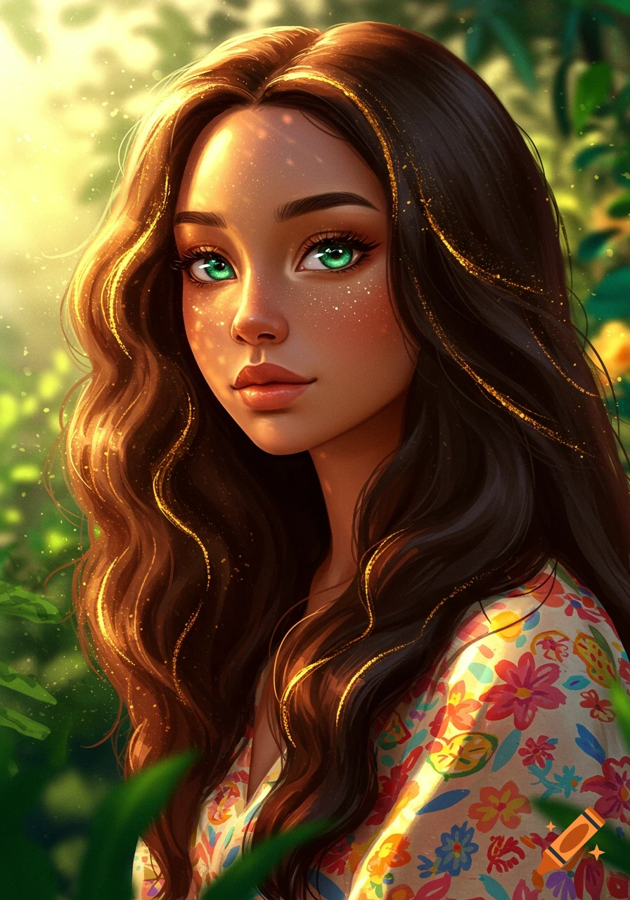 Digital art portrait of a young woman with dark wavy hair and emerald eyes in a sunlit garden, wearing a floral dress.
