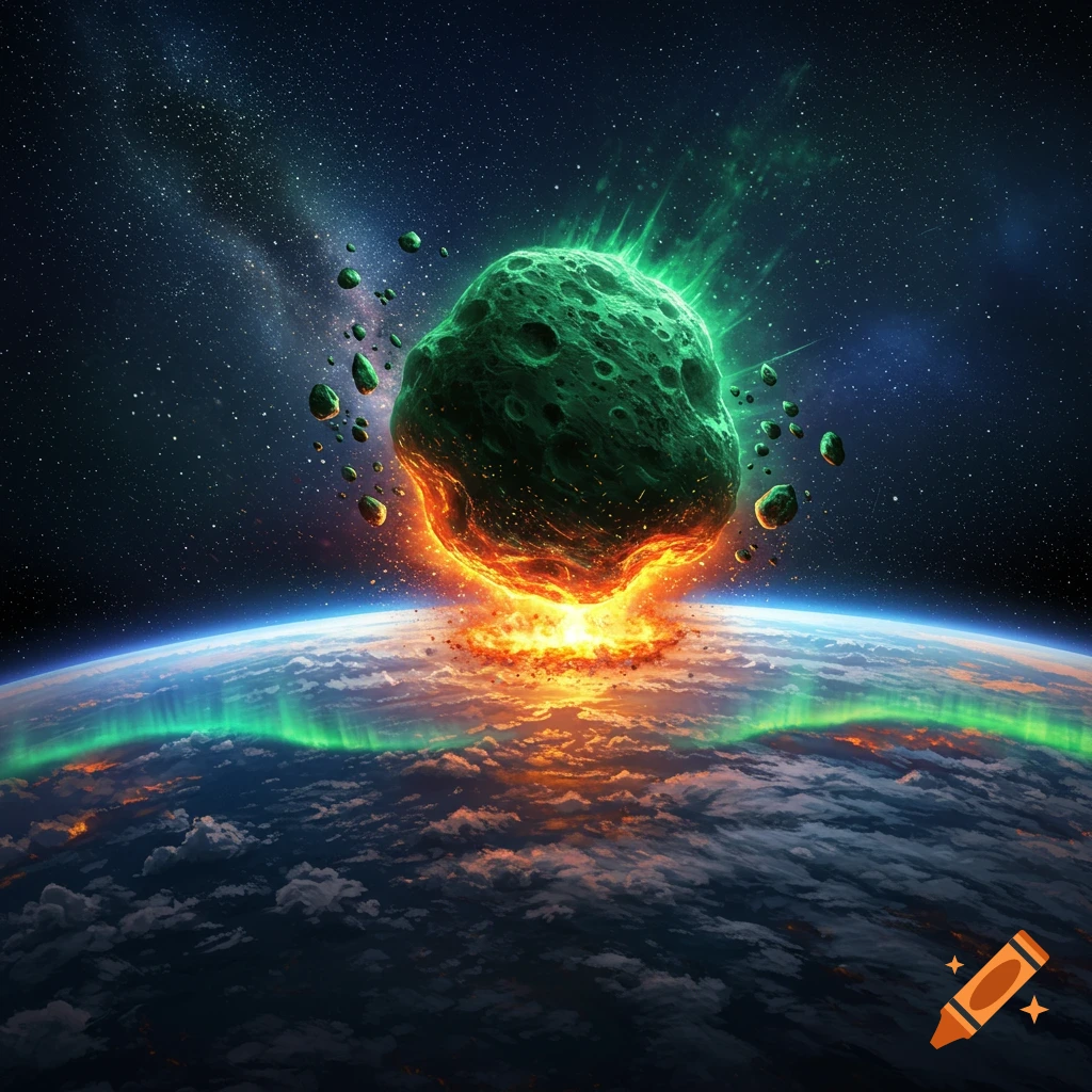 A large green asteroid impacts Earth from space, causing a fiery explosion and green auroras across the planet.