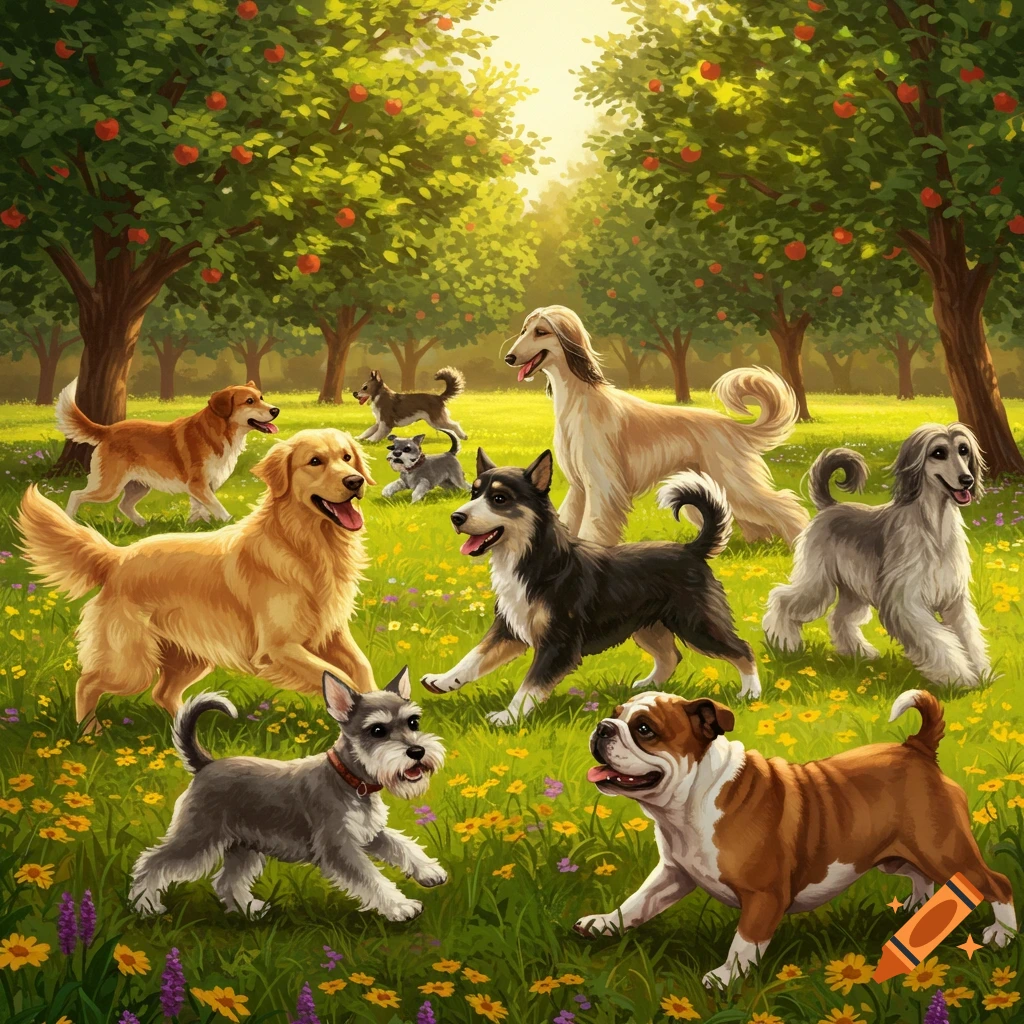 An illustration of ten diverse dogs playing and running in a sunny apple orchard with green grass and wildflowers.