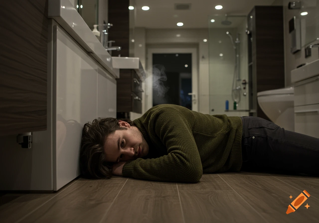 Young man with dark hair passed out on a light brown bathroom floor, modern bathroom with white cabinets, smoke visible.