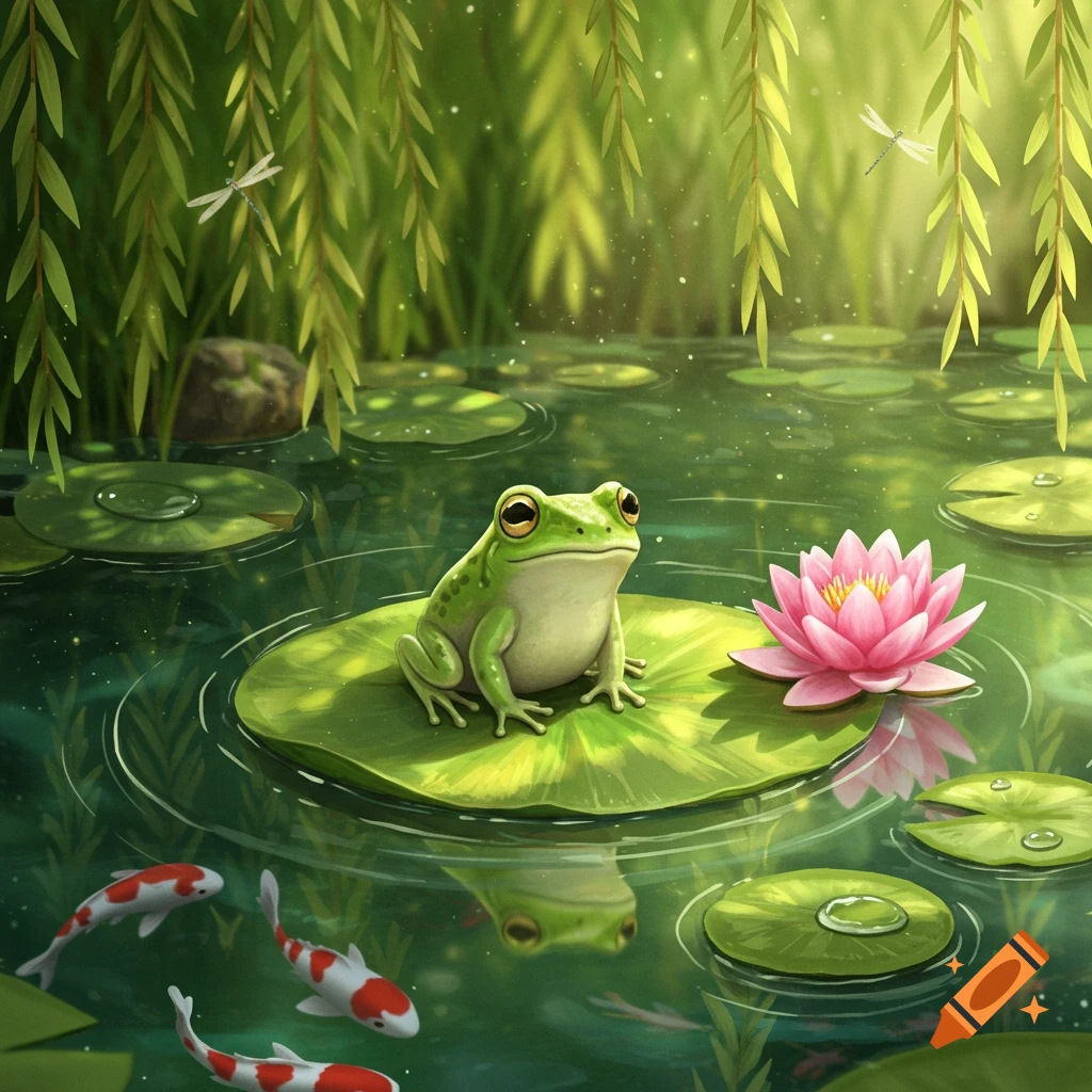 A cute green frog on a lily pad in a vibrant pond with a pink water lily, koi fish, and dragonflies, digital art.