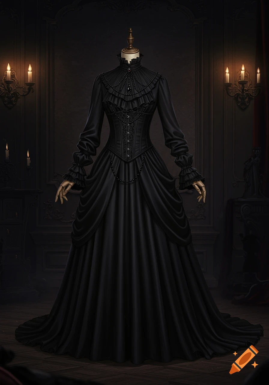A black gothic Victorian-style dress on a mannequin in a dimly lit, ornate room with candle sconces.